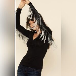 IDYLLWIND Women's STUDDED FLYING FRINGE Black Long Sleeve Top Size S/P NWT